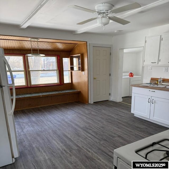 kitchen featuring dark wood-style floors, plenty of natural light, and white appliances