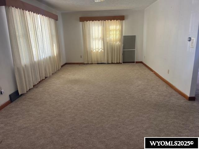 spare room with baseboards, light colored carpet, and a textured ceiling