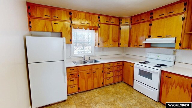 kitchen featuring brown cabinets, a sink, under cabinet range hood, white appliances, and light countertops