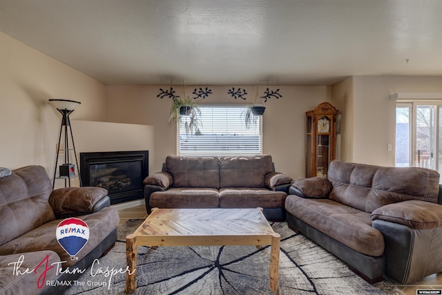 living room featuring a glass covered fireplace