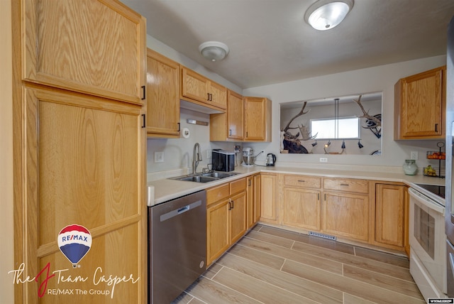 kitchen with wood tiled floor, light countertops, stainless steel dishwasher, white range with electric stovetop, and a sink