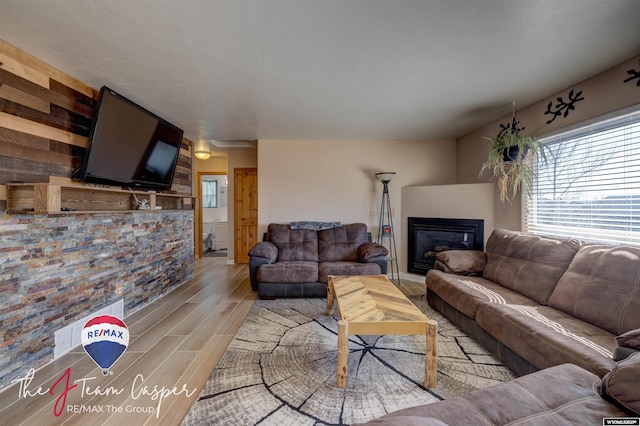 living area featuring a glass covered fireplace and light wood-style floors