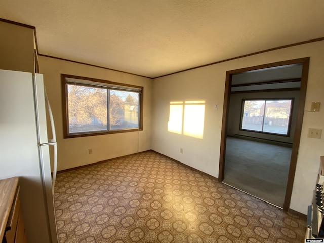 interior space with plenty of natural light, a textured ceiling, crown molding, and baseboards