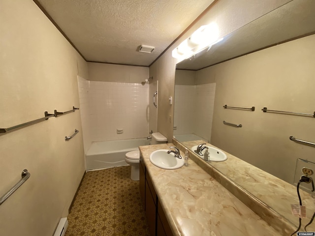 full bathroom with vanity, bathtub / shower combination, a textured ceiling, tile patterned floors, and toilet