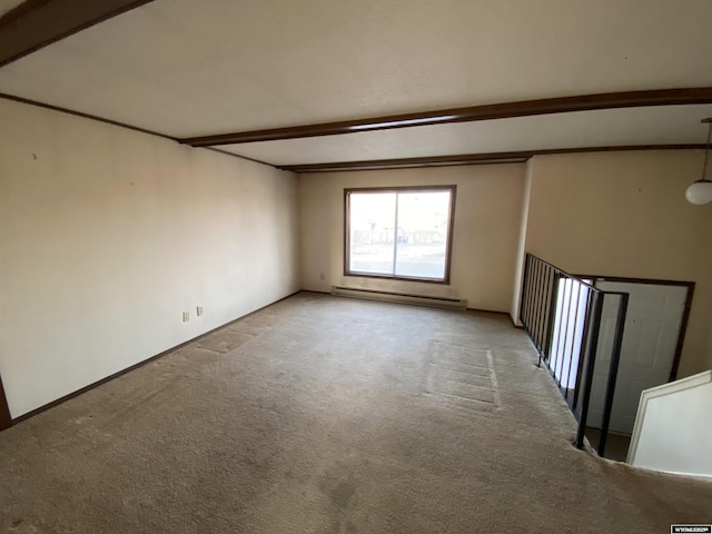 unfurnished room featuring baseboard heating, light colored carpet, baseboards, and beamed ceiling