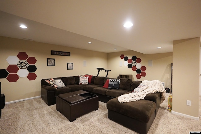 carpeted living room featuring recessed lighting and baseboards