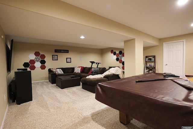 recreation room featuring light carpet, recessed lighting, and baseboards