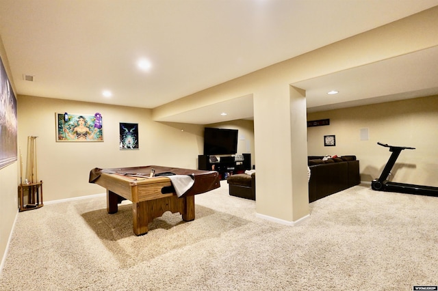 recreation room with visible vents, billiards, recessed lighting, carpet flooring, and baseboards