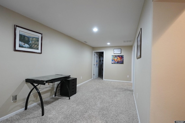 carpeted home office featuring recessed lighting, visible vents, and baseboards