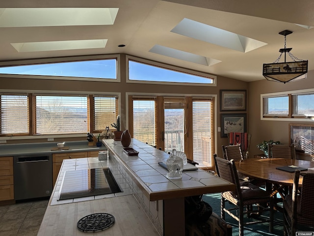 dining space with plenty of natural light and vaulted ceiling with skylight