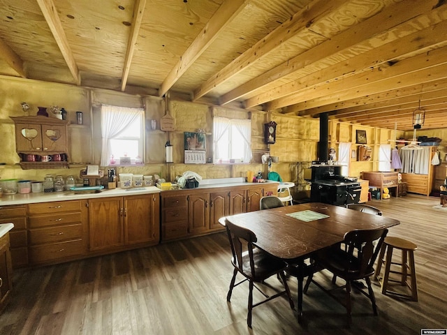 interior space with beam ceiling, a wood stove, wood finished floors, and a healthy amount of sunlight