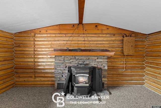 details with beamed ceiling, carpet floors, a textured ceiling, and a wood stove