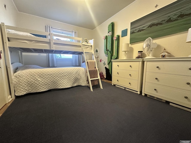 bedroom with dark colored carpet