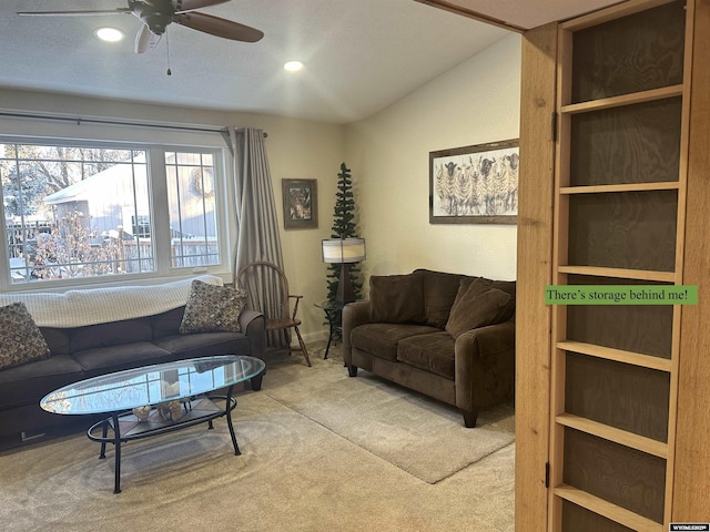 living room featuring carpet flooring, recessed lighting, ceiling fan, and vaulted ceiling