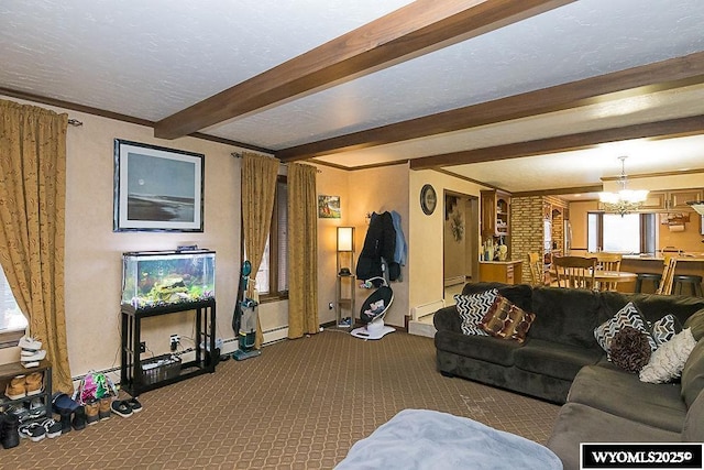 living area featuring carpet floors, a textured ceiling, a baseboard heating unit, beamed ceiling, and a notable chandelier