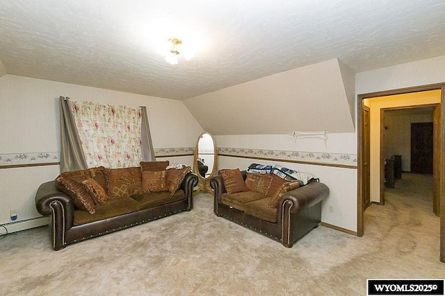 living room with lofted ceiling, light colored carpet, baseboard heating, and a textured ceiling