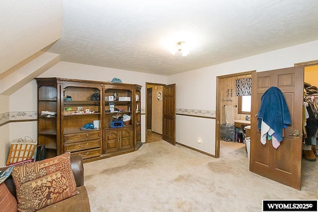 sitting room featuring light colored carpet and a textured ceiling