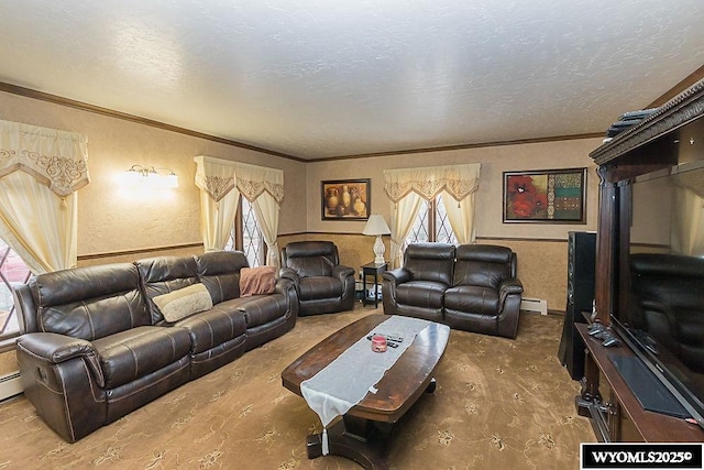 living room with a baseboard heating unit, a textured ceiling, ornamental molding, and a textured wall