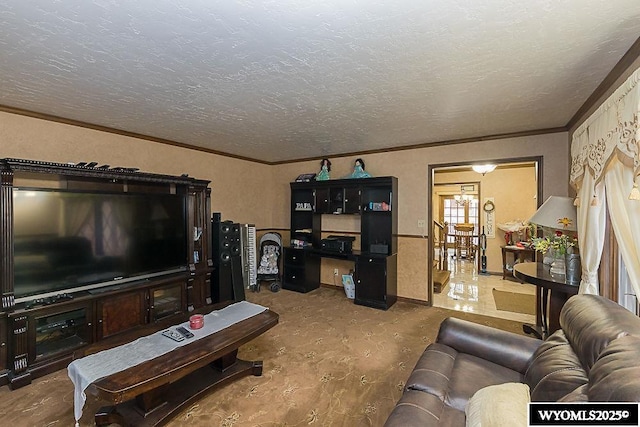 living room with a textured ceiling and crown molding