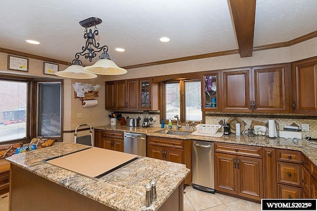 kitchen featuring a center island, glass insert cabinets, light stone countertops, dishwasher, and a sink