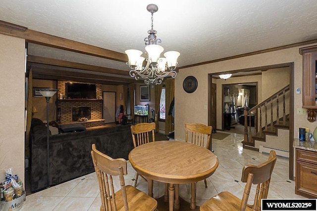 dining space featuring stairway, light tile patterned floors, a textured ceiling, a notable chandelier, and baseboard heating