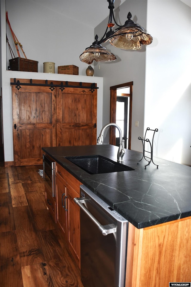 kitchen with dark countertops, a sink, dark wood-type flooring, and stainless steel dishwasher