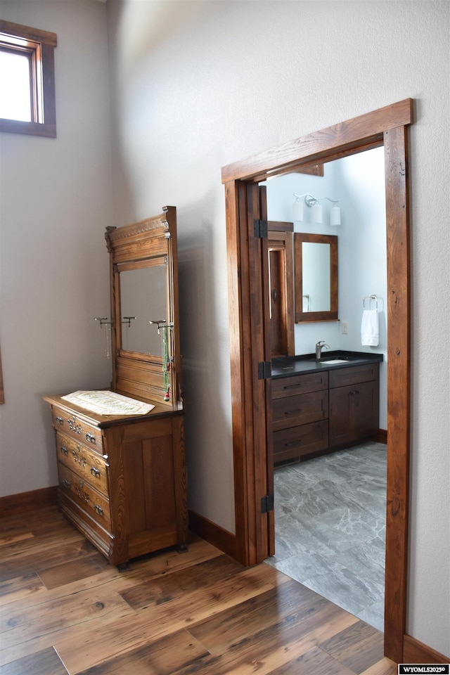 interior space featuring a sink, baseboards, and wood finished floors