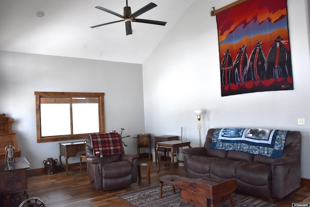 living room with high vaulted ceiling, ceiling fan, and wood finished floors