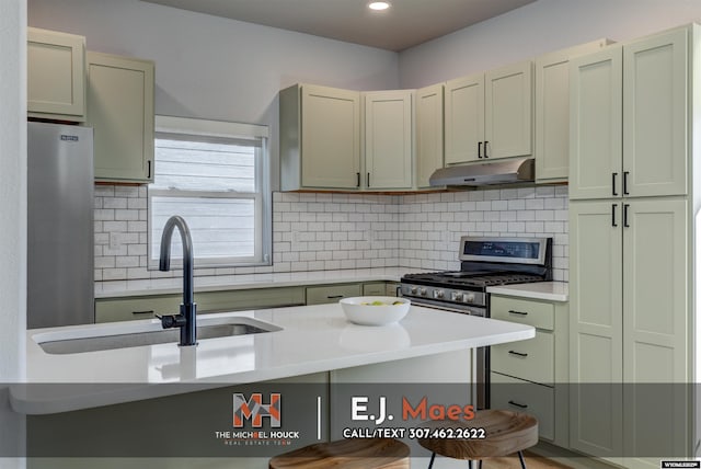 kitchen with backsplash, appliances with stainless steel finishes, under cabinet range hood, and a sink