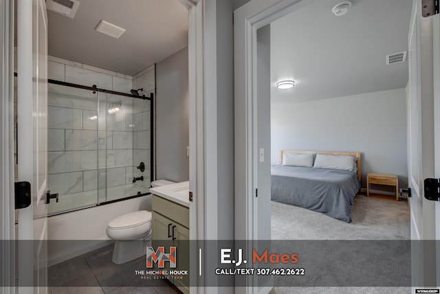 full bath with visible vents, toilet, bath / shower combo with glass door, and tile patterned flooring