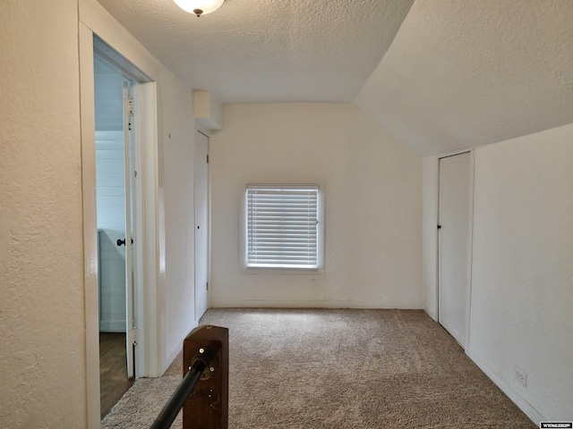 carpeted empty room with vaulted ceiling, a textured wall, and a textured ceiling