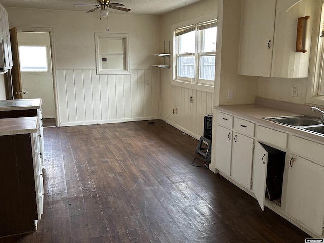 kitchen featuring a sink, ceiling fan, dark wood finished floors, and light countertops