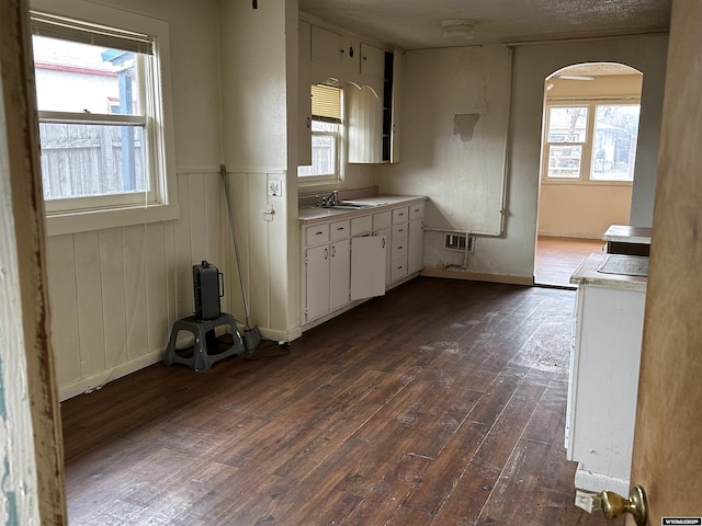 kitchen with a sink, a wealth of natural light, arched walkways, and dark wood finished floors