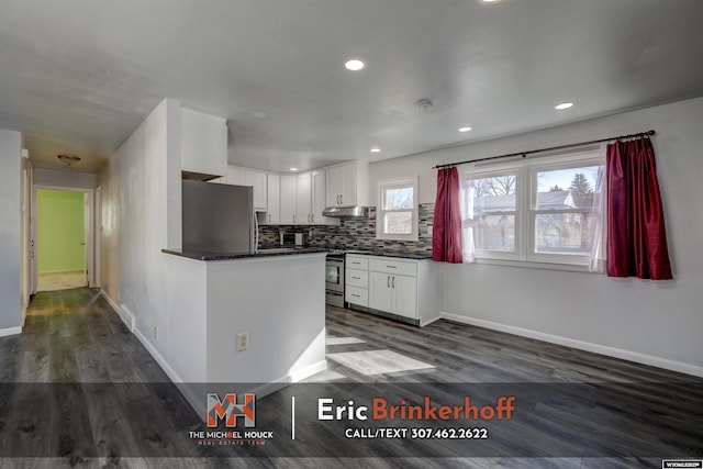 kitchen featuring dark wood-type flooring, under cabinet range hood, dark countertops, appliances with stainless steel finishes, and white cabinets