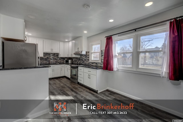 kitchen with tasteful backsplash, under cabinet range hood, dark wood-style floors, white cabinets, and stainless steel appliances