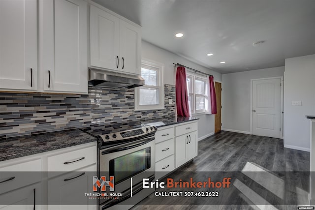 kitchen featuring dark wood-style floors, stainless steel range with electric cooktop, decorative backsplash, under cabinet range hood, and white cabinetry