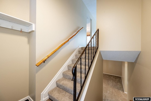 stairs with baseboards and carpet