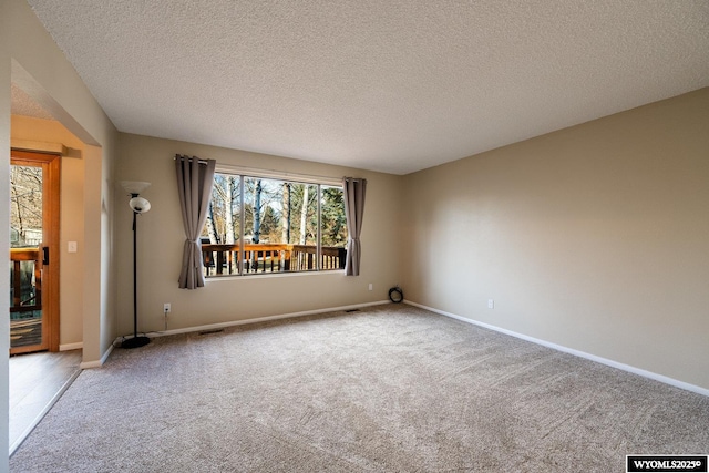 spare room featuring visible vents, a textured ceiling, baseboards, and carpet floors