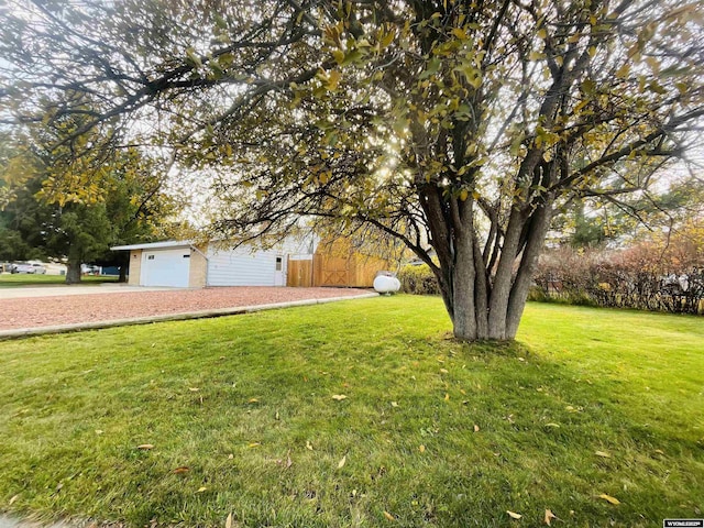 view of yard with concrete driveway and an attached garage