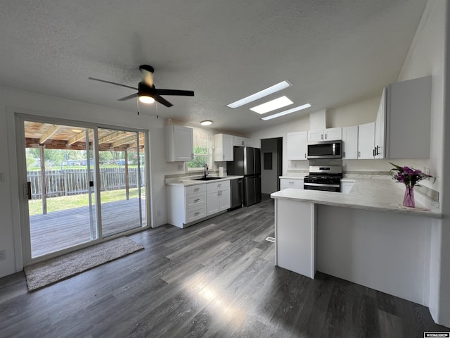 42 Carothers Ave, Fort Bridger, WY 82933 - kitchen with a sink, appliances with stainless steel finishes, a textured ceiling, lofted ceiling with skylight, and dark wood-type flooring