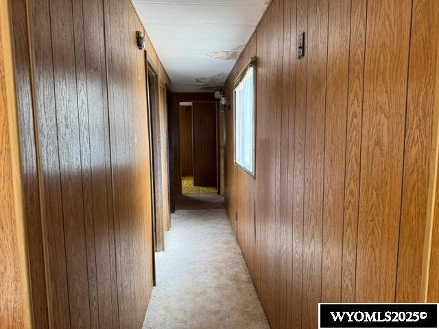 corridor featuring wooden walls and light colored carpet