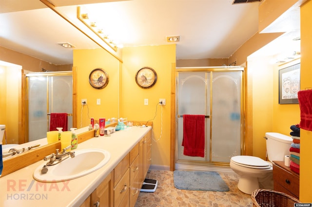 1242 Frontier Dr, Douglas, WY 82633 - bathroom with vanity, toilet, visible vents, and a stall shower