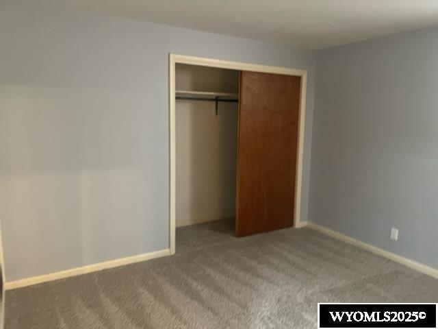 unfurnished bedroom with baseboards, carpet flooring, and a closet