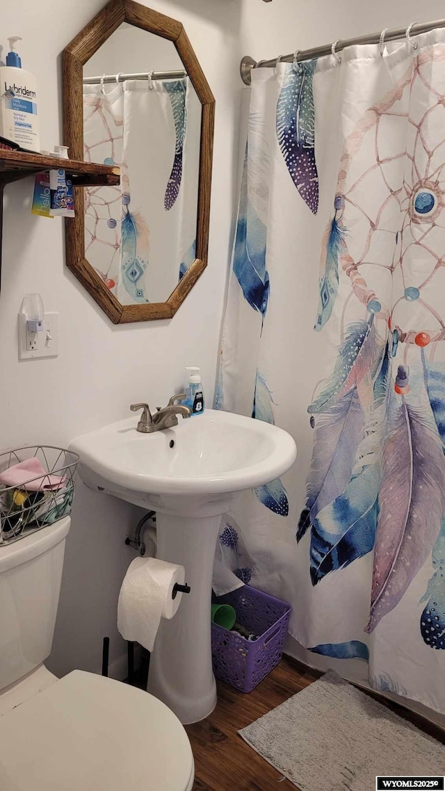 bathroom featuring a shower with shower curtain, toilet, and wood finished floors
