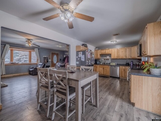 347 Copper, Evansville, WY 82636 - kitchen with dark countertops, visible vents, dark wood-style flooring, and stainless steel appliances