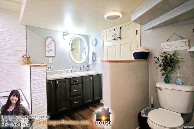 bathroom featuring toilet, wood finished floors, and vanity