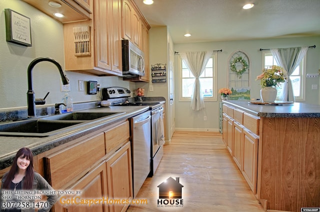 kitchen featuring baseboards, recessed lighting, light wood-style floors, stainless steel appliances, and a sink