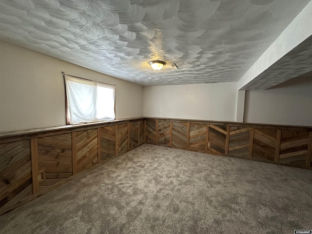 3649 Campbell Dr, Torrington, WY 82240 - interior space with wainscoting, wooden walls, carpet, and a textured ceiling