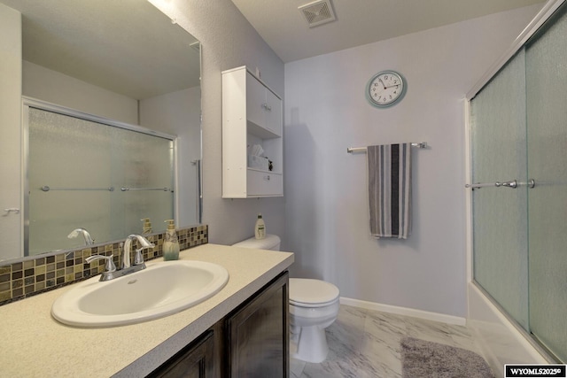 bathroom featuring marble finish floor, backsplash, visible vents, toilet, and vanity