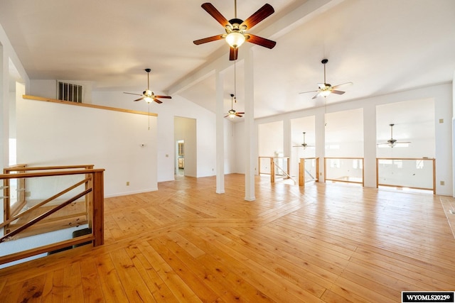 94 Upper Clear Creek Rd, Buffalo, WY 82834 - unfurnished living room with light wood-type flooring, visible vents, and a ceiling fan